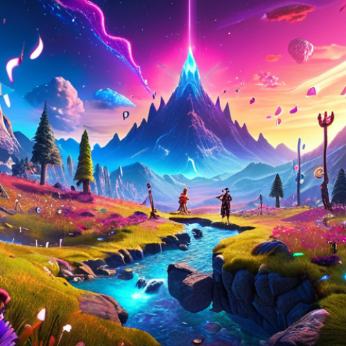 Home 6 **Immersive Digital Game World:** A vibrant, fantastical landscape from a video game, with characters engaged in a quest. Emphasize the emotional impact of the music with visual cues like glowing musical notes or auras.