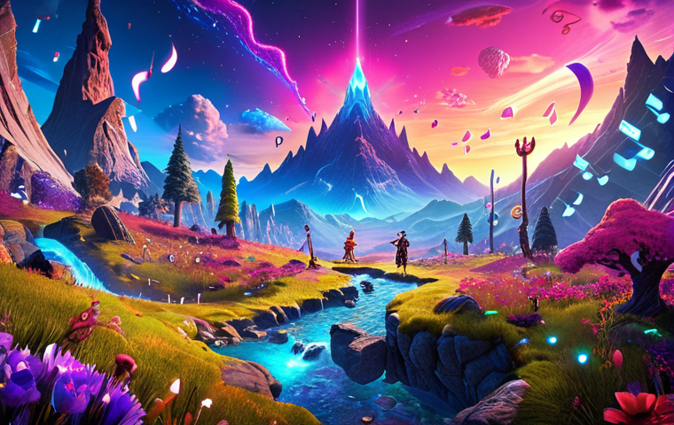 **Immersive Digital Game World:** A vibrant, fantastical landscape from a video game, with characters engaged in a quest. Emphasize the emotional impact of the music with visual cues like glowing musical notes or auras.