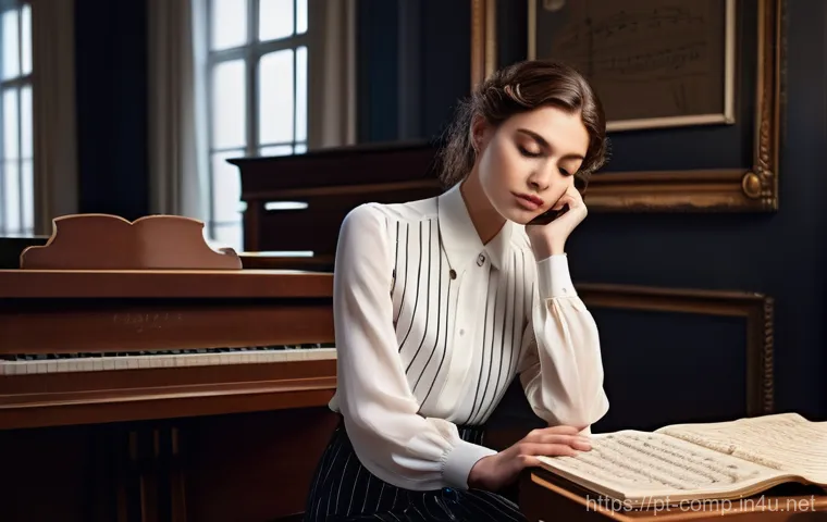 작곡가 자격증과 글로벌 음악 트렌드 분석 - **"The Composer's Guiding Compass"**: A female composer in her late 20s, with a stylish yet practica...
