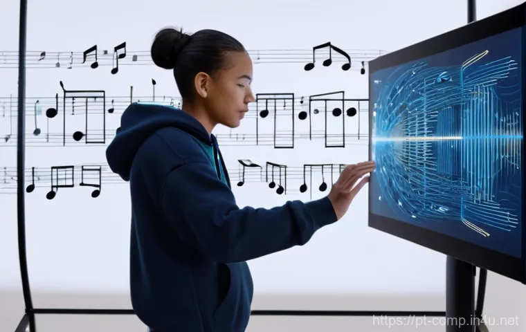 작곡가 자격증과 글로벌 음악 트렌드 분석 - **"The Digital Guardian of Creation"**: A male composer, in his mid-30s, stands confidently in a fut...