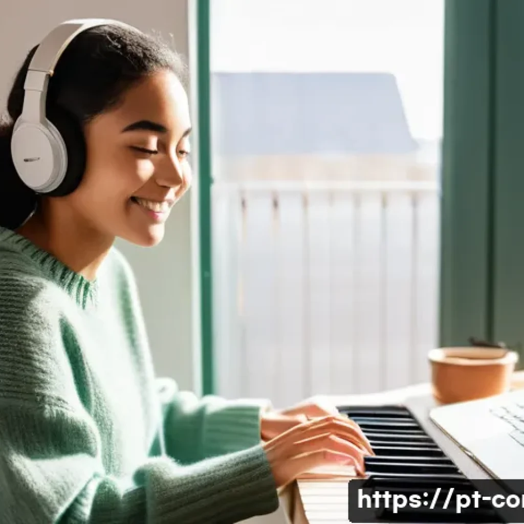 작곡가 자격증과 포트폴리오 준비 - A young woman in her late 20s, with a gentle smile and focused expression, sits comfortably at a mod...