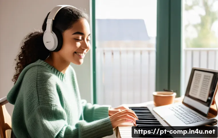 작곡가 자격증과 포트폴리오 준비 - A young woman in her late 20s, with a gentle smile and focused expression, sits comfortably at a mod...