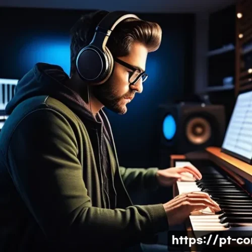 작곡가 자격증과 유명 작곡가 인터뷰 - A professional music composer in a modern home studio, surrounded by musical instruments like a gran...