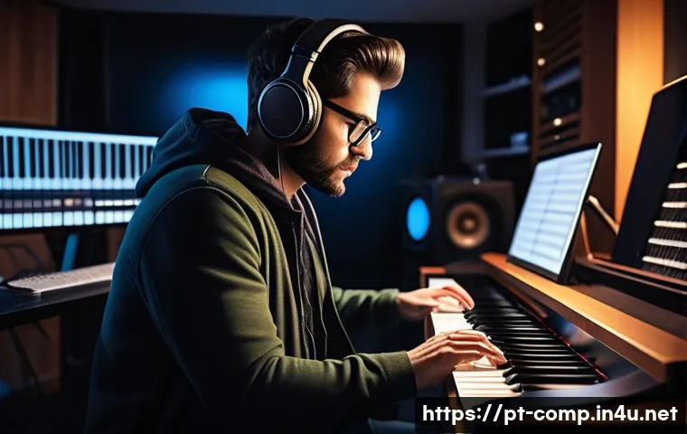 작곡가 자격증과 유명 작곡가 인터뷰 - A professional music composer in a modern home studio, surrounded by musical instruments like a gran...