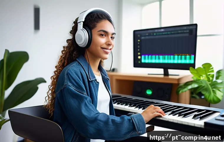작곡가 자격증과 이직 성공 사례 - A confident young Brazilian composer in a modern home studio, surrounded by professional audio equip...