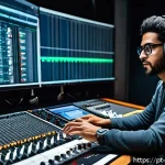 작곡가 자격증과 음향 엔지니어링 - A professional audio engineer in a modern recording studio, surrounded by high-end mixing consoles, ...