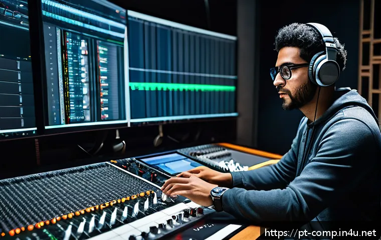 작곡가 자격증과 음향 엔지니어링 - A professional audio engineer in a modern recording studio, surrounded by high-end mixing consoles, ...