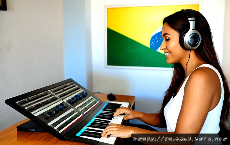 작곡가 자격증으로 창업하기 - Photorealistic Brazilian composer launching a small home music-production business, confident middle...