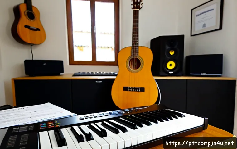 작곡가 자격증과 가상 악기 활용 - Photorealistic Brazilian music student in a bright home studio, seated at a desk with a MIDI keyboar...